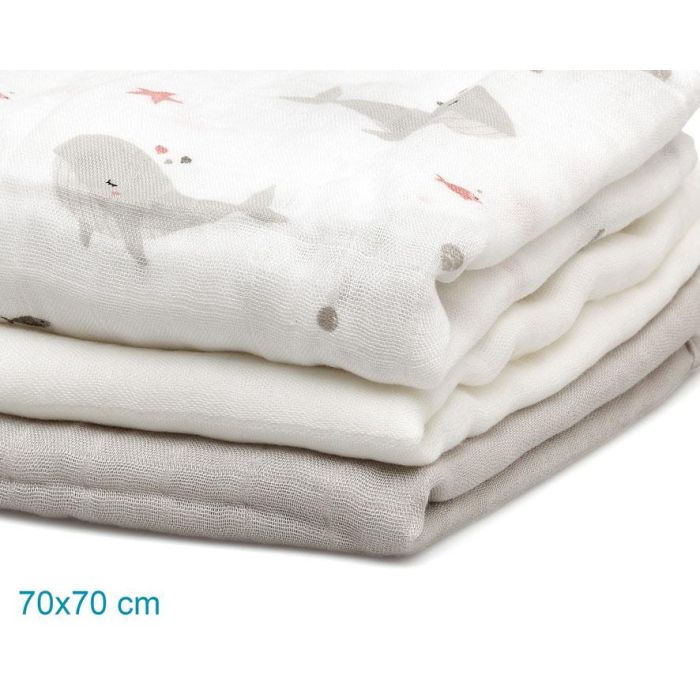 KioKids Set 3 Muselinas Bebé Océano Gris y Blanco Bambú Algodón 70x70 cm 3 KioKids Set 3 Muselinas Bebé Océano Gris y Blanco Bambú Algodón 70x70 cm 3