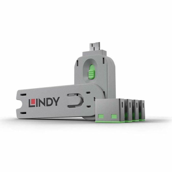 Lindy Bloqueador de Puerto USB Verde - Pack de 4 para Seguridad en PC y Entornos Públicos - Previene Acceso No Autorizado a Pendrives y Datos