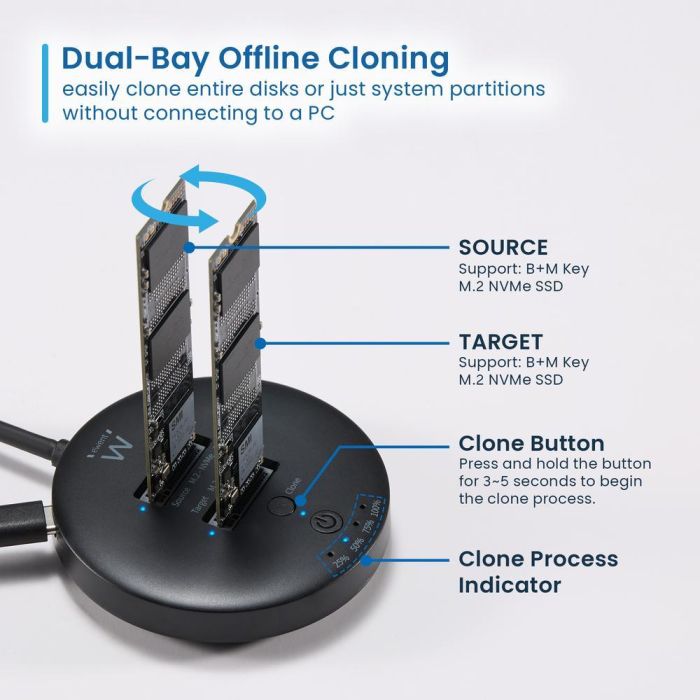 EWENT EW7078 Clonador SSD Doble Bahía USB 3.2 Gen 2 Estación de Acomplamiento M.2 NVMe SATA hasta 10Gbps Negro 6