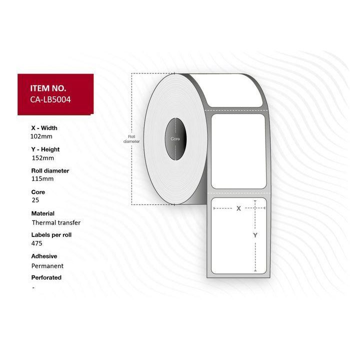 Capture Label 102x152, Core 25, Thermal Transfer, White Matt Coated, Permanent adhesive, Diameter 115 mm, 475 labels per roll, 12 rolls per box Capture Label 102x152, Core 25, Thermal Transfer, White Matt Coated, Permanent adhesive, Diameter 115 mm, 475 labels per roll, 12 rolls per box