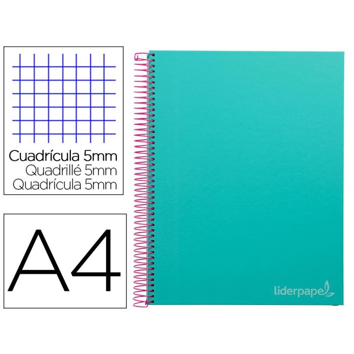 Cuaderno Espiral Liderpapel A4 Micro Jolly Tapa Forrada 140H 75 gr Cuadro 5 mm 5 Bandas4 Taladros Color Turquesa