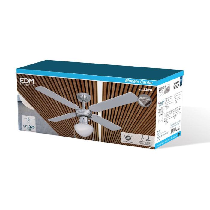 Edm Ventilador de Techo Modelo Caribe Cromado, 50W, Ø102 cm, 3 Velocidades, con Luz E27, IP20 5