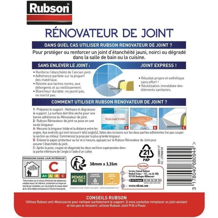 Productos de servicio SDB Healthy Rénov'Joint - RUBSON - Rollo - 38 mm x 3,35 m 1 Productos de servicio SDB Healthy Rénov'Joint - RUBSON - Rollo - 38 mm x 3,35 m 1