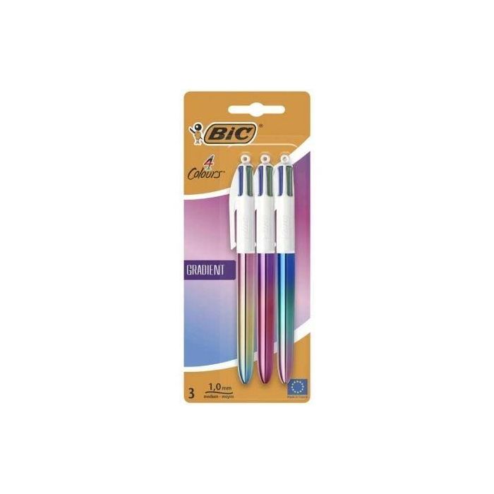 Bic 511030 Bolígrafos Retráctiles 4 Colores, Tinta Azul Rojo Verde Negro, Punta Media 1.0 mm, Cuerpo Degradado - Pack 3