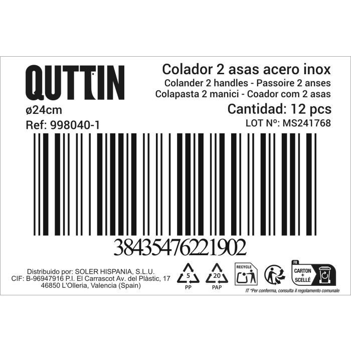 Quttin Colador Acero con Asas Ø24 cm (12 Unidades)