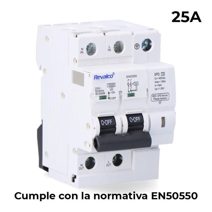 Revalco IGA 2P 25A C 10KA Protector de Sobretensión Permanente según EN-50550 y Transitorio 5-15KA 275V Blanco