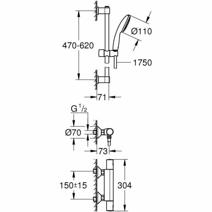 Grohe 34597001 Conjunto de ducha termostático con rociador 1 chorro, barra 60cm y flexo, ahorro de agua, cromo 2