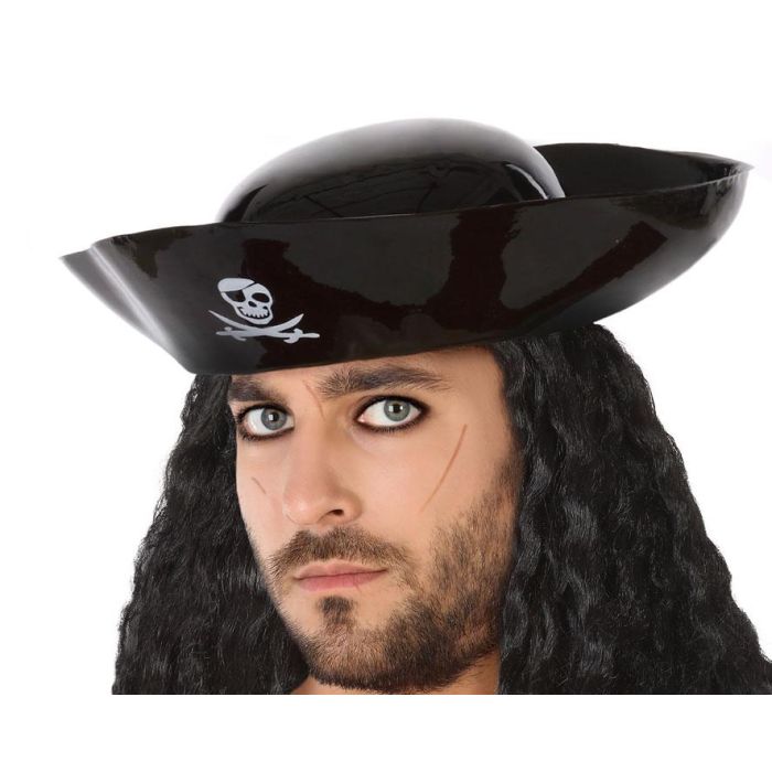 Sombrero Capitán Pirata PVC Negro - Accesorio Temático Piratas Polyester para Adulto