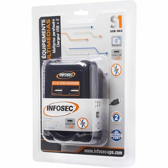 INFOSEC Protector contra sobretensiones S1 USB NEO - 1 conector FR + 2 puertos USB 1