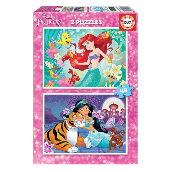 Educa Puzzle doble 2x48 piezas Princesas Disney Ariel y Jasmin, Juego de mesa educativo bilingüe (Español/Inglés) para niños 4-6 años