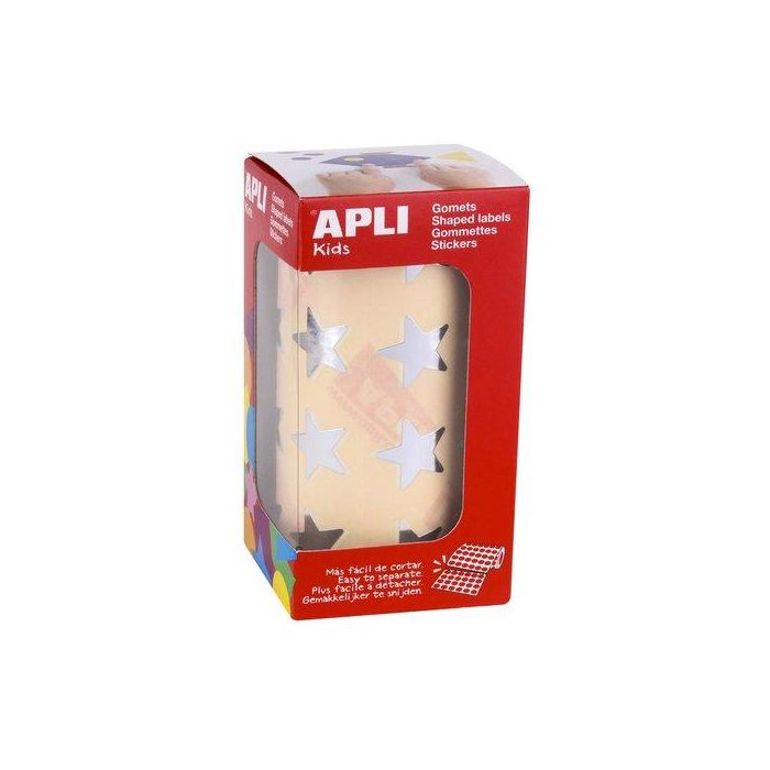 Apli Gomets autoadhesivos estrellas grandes plata en rollo, permanentes, 1416 unidades para colegio, casa, decorar