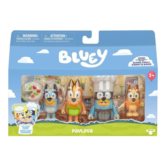 MOOSE 18916 Pack 4 Figuras Let'S Play Chef Bluey, Bingo, Bandt y Chill de la familia de Bluey para +3 años 2