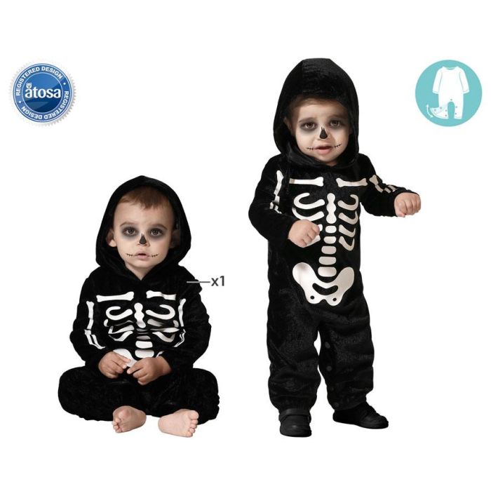 Disfraz Esqueleto Bebé Clásico con Mono Negro y Huesos Blancos para Halloween 6-12 Meses de Poliéster 0 Disfraz Esqueleto Bebé Clásico con Mono Negro y Huesos Blancos para Halloween 6-12 Meses de Poliéster 0