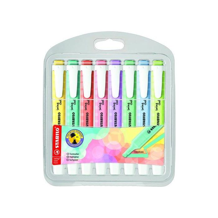 Stabilo Marcador Fluorescente Swing Cool Pastel, Punta Inclinada 1mm y 4mm, Anti Secado 4h, Blíster 8 Unidades