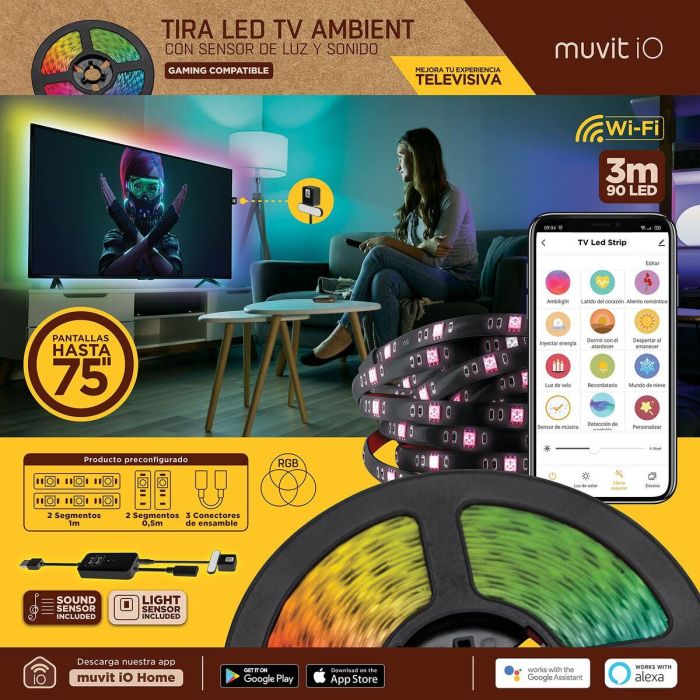 muvit iO Tira LED USB WiFi TV RGB 3m con sensor ambiental y de sonido 15