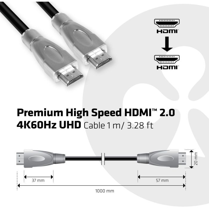 Club3D Cable HDMI 2.0 High Speed 4K60Hz UHD A a A, 1 Metro, Soporte 3840x2160 Píxeles, Negro/Plata 2
