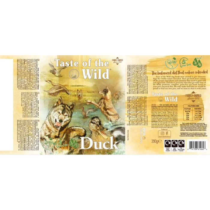 Taste of the Wild Alimento para Perros Adultos Sabor Pato Pollo Fruta en Tarrinas - Caja de 7x390 gr