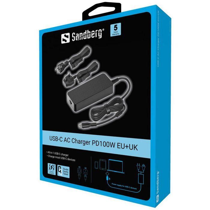 Sandberg Cargador AC Rápido USB-C PD 100W para Smartphones, Tablets y Portátiles con Cable Fijo y Enchufes EU/UK 1 Sandberg Cargador AC Rápido USB-C PD 100W para Smartphones, Tablets y Portátiles con Cable Fijo y Enchufes EU/UK 1