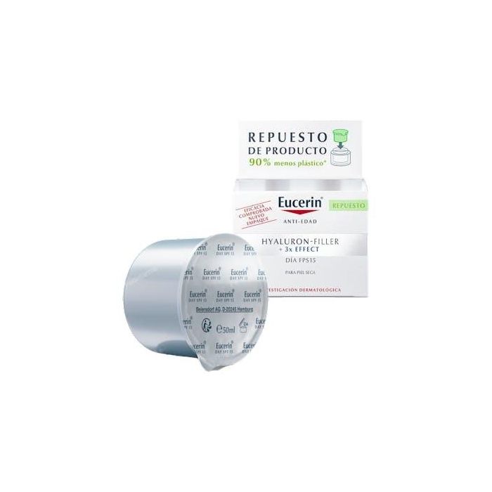 Eucerin Hyaluron-Filler Crema Día Antiedad y Antiarrugas Triple Efecto, con Ácido Hialurónico, Piel Seca SPF15 - Recambio 50ml