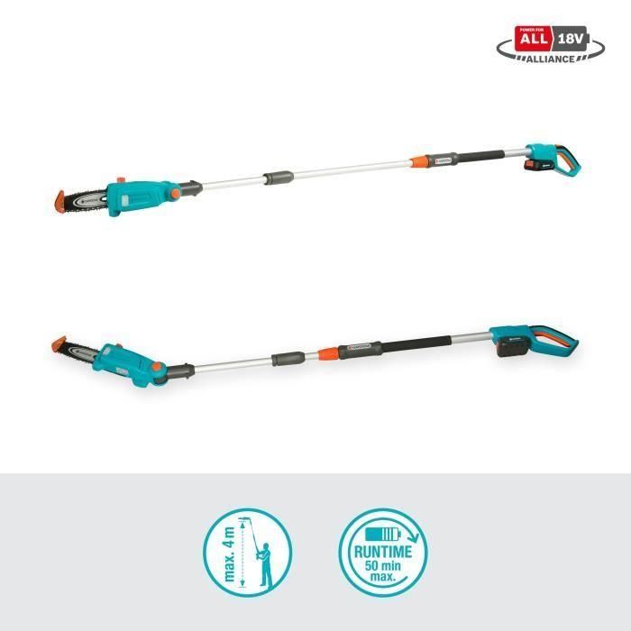 GARDENA TCS 20 / 18V P4A Podadora de Pértiga con Batería 18V 2.5Ah y Cargador, Cabezal Giratorio, Alcance 4m, Guía 20cm 1