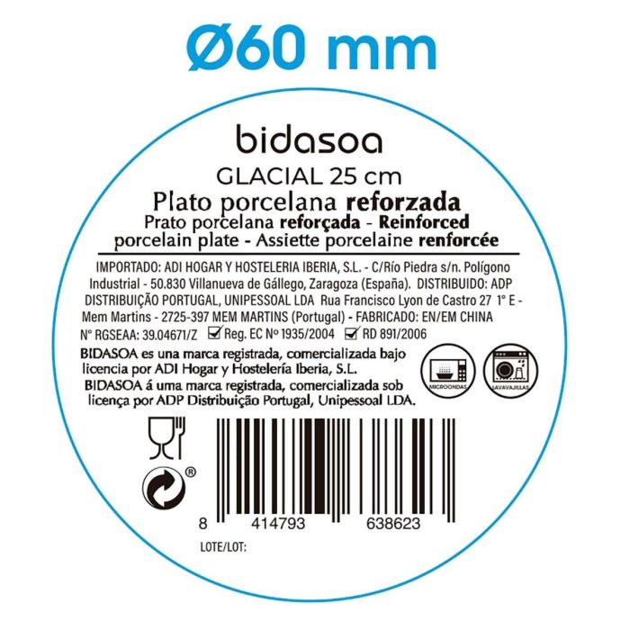 Plato Llano Porcelana Glacial Coupe Bidasoa 25 cm (6 Unidades)