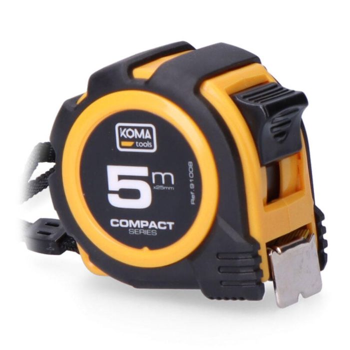 Koma Tools Flexómetro Compact 5m x 25mm ABS Antideslizante, Cinta Amarilla Mate, 1 Posición Bloqueo, Clip Cinturón
