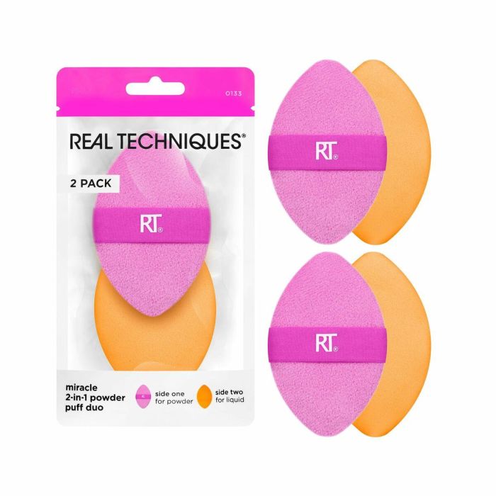 Real Techniques MIRACLE 2 IN 1 Powder Puff Duo - Set 2 Esponjas/Borlas de Maquillaje Doble Cara para Acabado Suave 'Efecto Filtro'