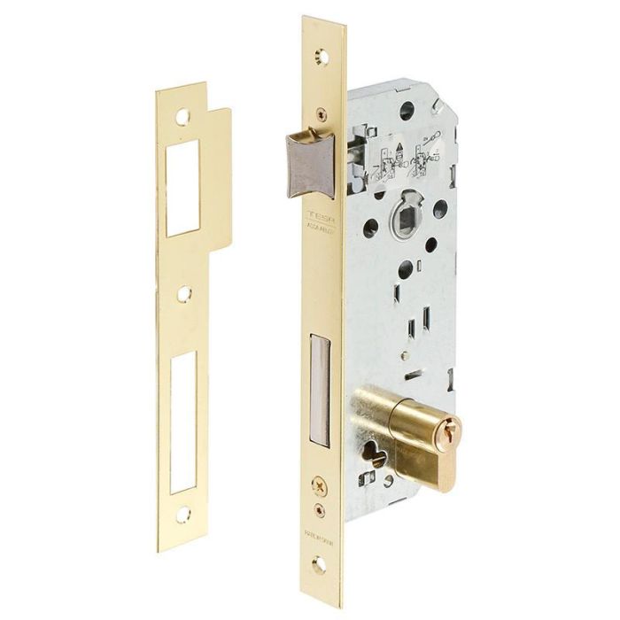 Tesa 2030/40/Hl Cerradura de Embutir para Puertas de Madera, Entrada 40mm, Distancia Ejes 85mm, Frente Recto, Dorada, Reversible, Cilindro TE5