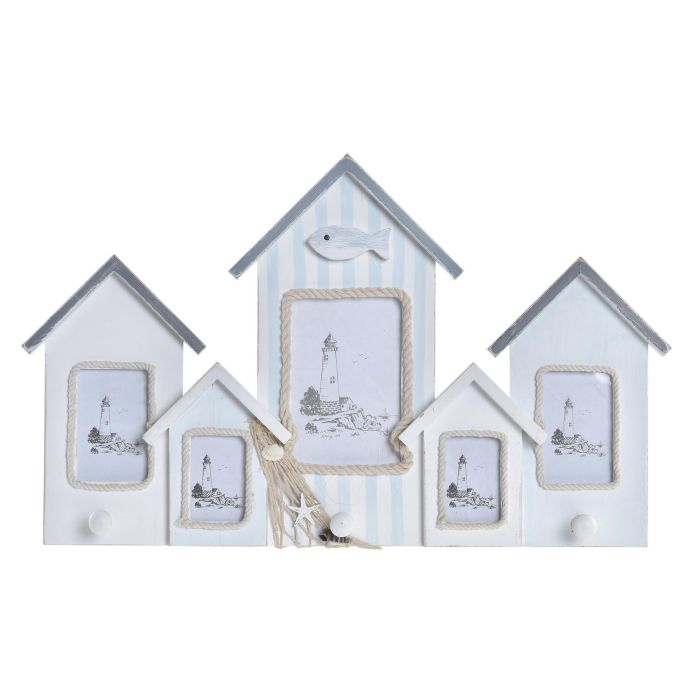DKD Home Decor Perchero de Pared Decorativo Mediterraneo con Casitas para Entradas o Pasillos Azul Blanco Madera Cristal 47 cm Ancho