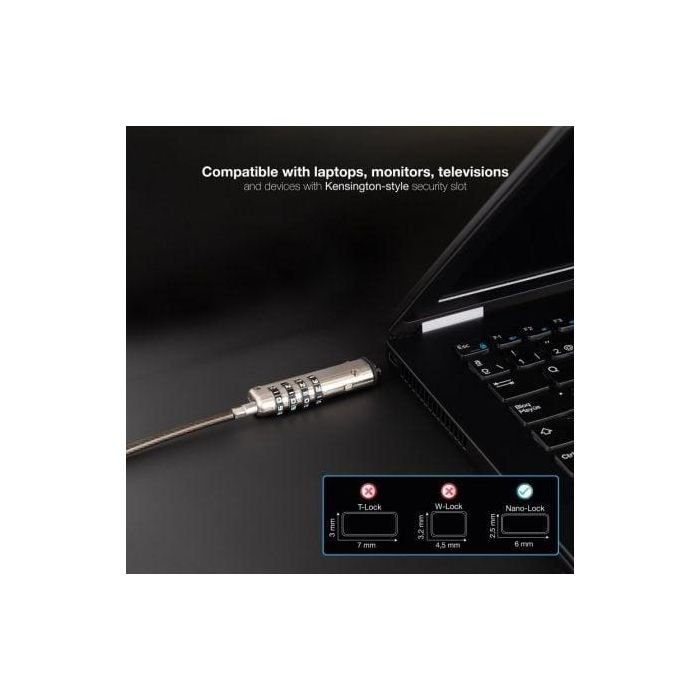 TOOQ Cable de Seguridad Tipo NANO con Combinacion para Portatiles 1.5 metros, Gris Oscuro 3