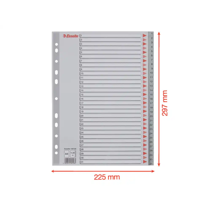 Esselte Índice Numérico Multitaladro 1-31 Polipropileno A4 Gris con Carátula Índice Cartón Color 5