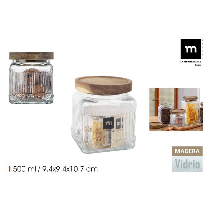 Tarro de vidrio cuadrangular con tapa de madera 0.5L - La Mediterranea (24 Unidades) Tarro de vidrio cuadrangular con tapa de madera 0.5L - La Mediterranea (24 Unidades)