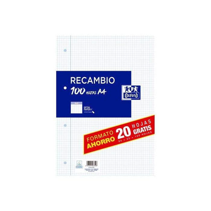 Oxford Recambio Classic 80H + 20H Gratis A4 C- Margen 90 gr 4x4 mm 4 Taladros Papel OptikPaper Opacidad Lisura Satinado