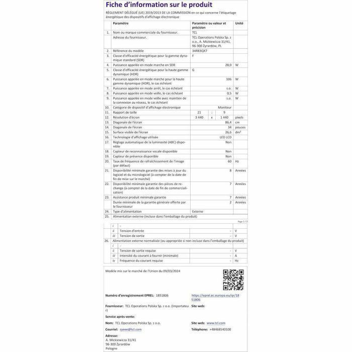 TCL Monitor Gaming Curvo 34R83Q 34" QD-Mini LED WQHD 170Hz 1ms 1500R AMD FreeSync Premium Color Blanco y Negro 31