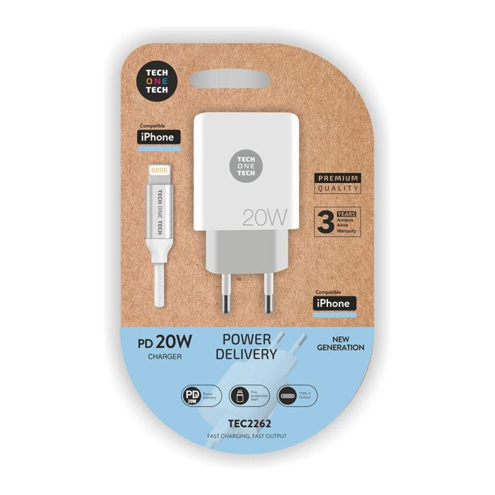 Cargador pd 20w + cable lightning-apple blanco tech one tech