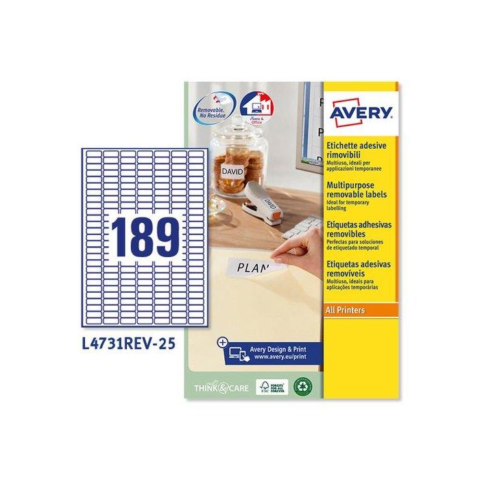 Etiquetas Adh.Impr.Avery A4 Blanca C.Romos Removible Caja 25H 25,4X10 Mm 4.725 Uds.(L4731Rev)