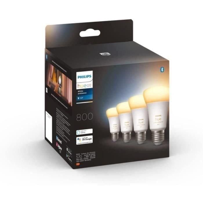 Philips Hue White Ambiance, bombilla LED conectada E27, 60W equivalente, 800 lumen, 4 paquete, Bluetooth Compatible