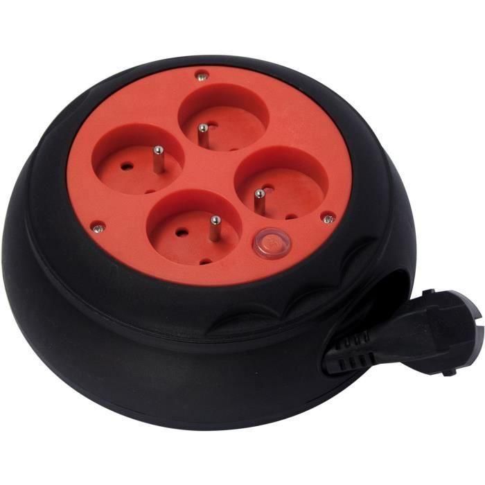 Chacon Enrollador de manguera eléctrico doméstico 4m, 4 enchufes 16A, Cable H05VV-F 3x1.5 mm², Disyuntor seguridad térmica