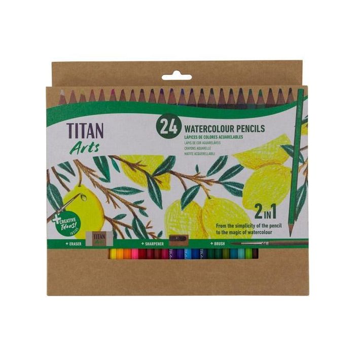 Titan Arts Lápices De Colores Acuarelables Surtidos Estuche 24 Ud + Pincel + Goma + Sacapuntas