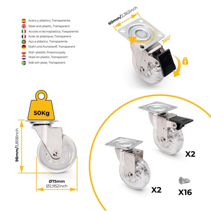 Emuca Lote de 4 ruedas Slip transparentes con placa de montaje, diámetro 75mm, Acero y Plástico 4