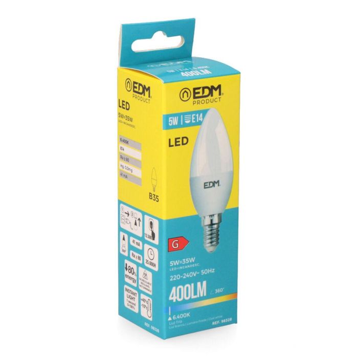 Edm Bombilla vela LED E14 5W 400lm 6400K luz fría Ø3,5x10cm 1