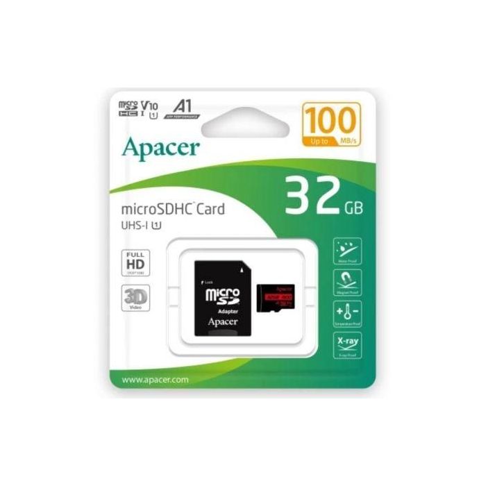 Apacer Tarjeta de Memoria microSDHC UHS-I Clase 10 de 32GB con Adaptador SD, Velocidad 100MB/s, Clase A1, AP32GMCSH10UB-R