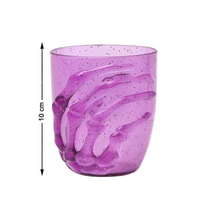 Vaso Morado con Mano Esquelética y Purpurina 10x9 cm - Ideal para Fiestas, Halloween y Eventos Góticos