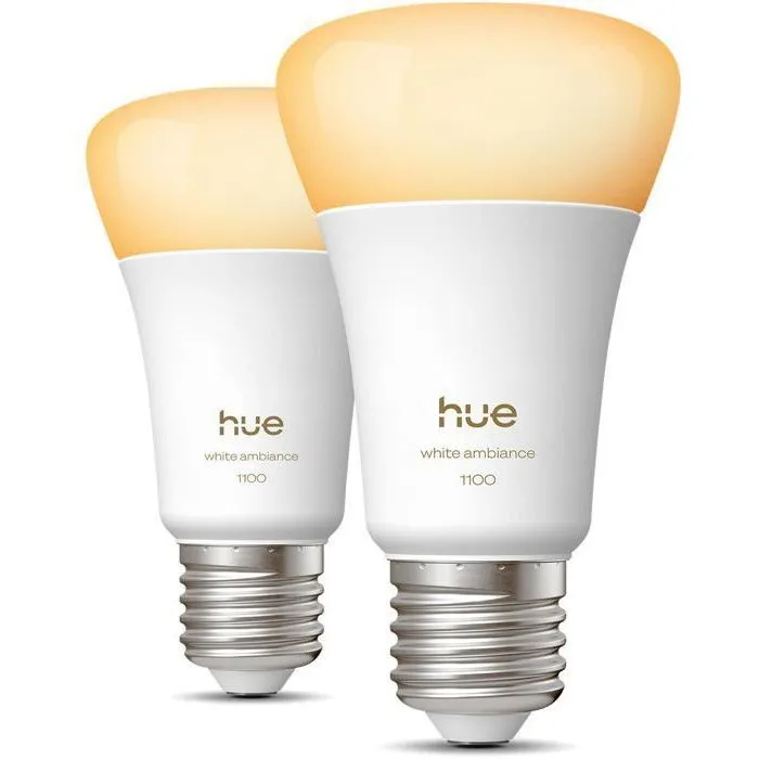 Philips Hue Pack de 2 Bombillas LED A60 Conectadas, Casquillo E27, 8.1W, Luz Blanca Cálida 1000-2000K, 1100 Lúmenes - AABUO37061