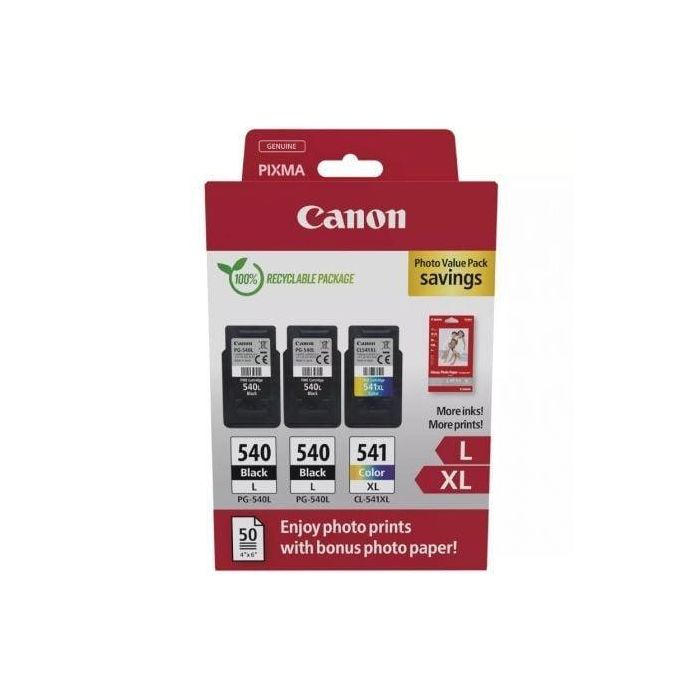 Canon 5224B015 Cartuchos de Tinta Originales PG-540L + CL-541XL Multipack Alta Capacidad 2 Negro + 1 Tricolor + Papel Fotográfico GP-501 10x15cm 50 Hojas Canon 5224B015 Cartuchos de Tinta Originales PG-540L + CL-541XL Multipack Alta Capacidad 2 Negro + 1 Tricolor + Papel Fotográfico GP-501 10x15cm 50 Hojas