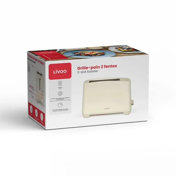 Livoo Tostadora de 2 Rebanadas DOD162C, 750W, Termostato 7 Niveles, Color Blanco Roto