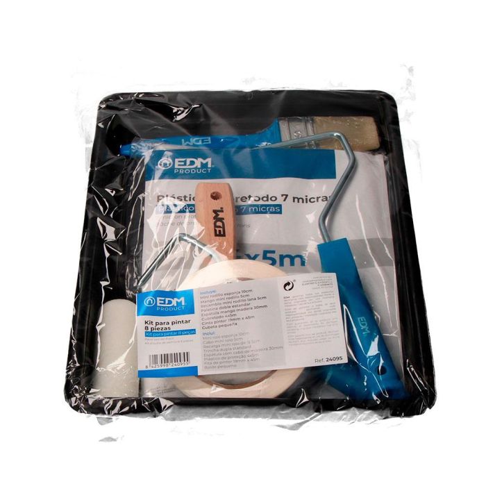 Edm Kit para pintar 8 piezas con rodillo esponja 10 cm, recambio mini rodillo 5 cm lana, varilla mini 5 cm, paletina, espatula, cubretodo, cinta pintor y cubeta 1