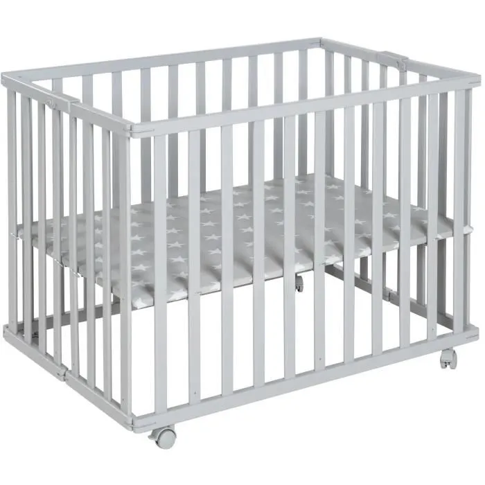 Roba Parque infantil plegable LITTLE STARS ROB4005317315416 75 x 100 cm Altura regulable 4 ruedas con freno Madera lacada gris topo Estampado estrellas 1