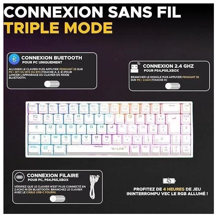 The G-Lab KEYZ TITAN Teclado Mecánico para Juegos con Interruptor Rojo, Azerty, Triple Modo, RGB, Blanco 3