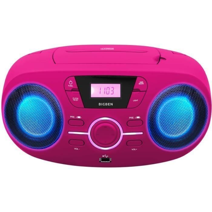 Bigben Kids CD61RSUSB Radio CD Portátil con USB, MP3, FM Estéreo, Entrada Auxiliar, Altavoces Luminosos 7 Colores y Acabado Rosa
